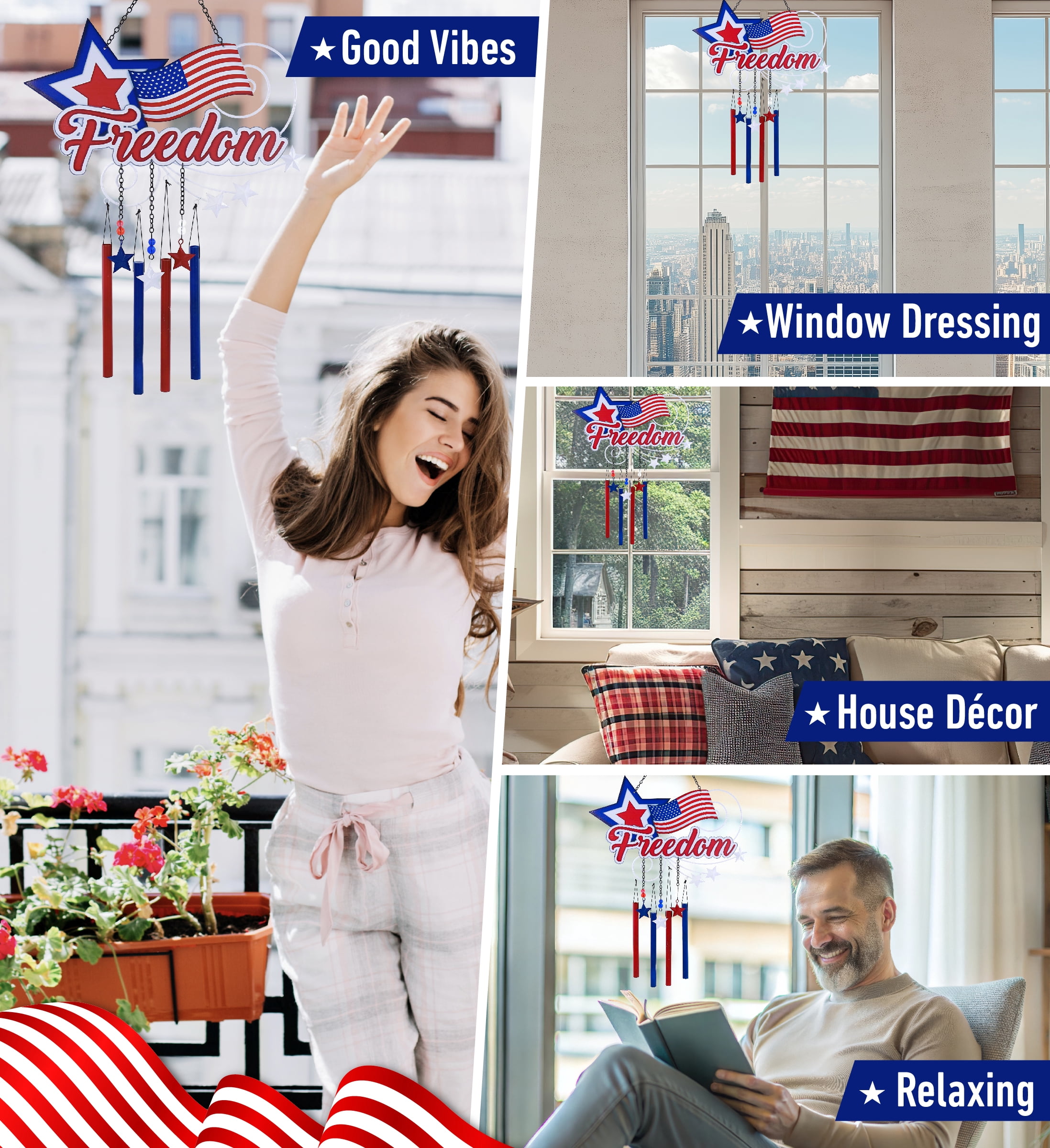 CoTa Global USA Flag Star Wind Chime - American Flag Patriotic Indoor or Outdoor Windchime Home Decor with Hanging Bells, Handcrafted Glass and Metal Wind Chimes for Yard, Garden, Porch - 25.5 Inches