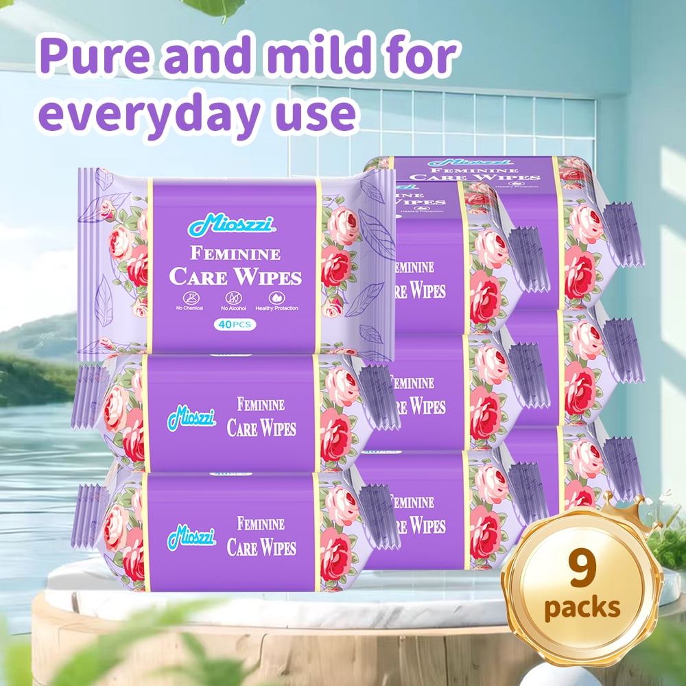 Mioszzi Feminine Cleansing Wipes, Alcohol-Free Gentle Daily Care, 9 Packs, 360 Total Count