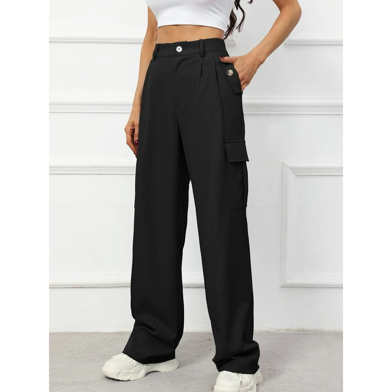 Chiclily Women's Wide Leg Pants High Waisted Cargo Pants Black XL Bussiness  Work Trousers Long Straight Pants with Pockets 