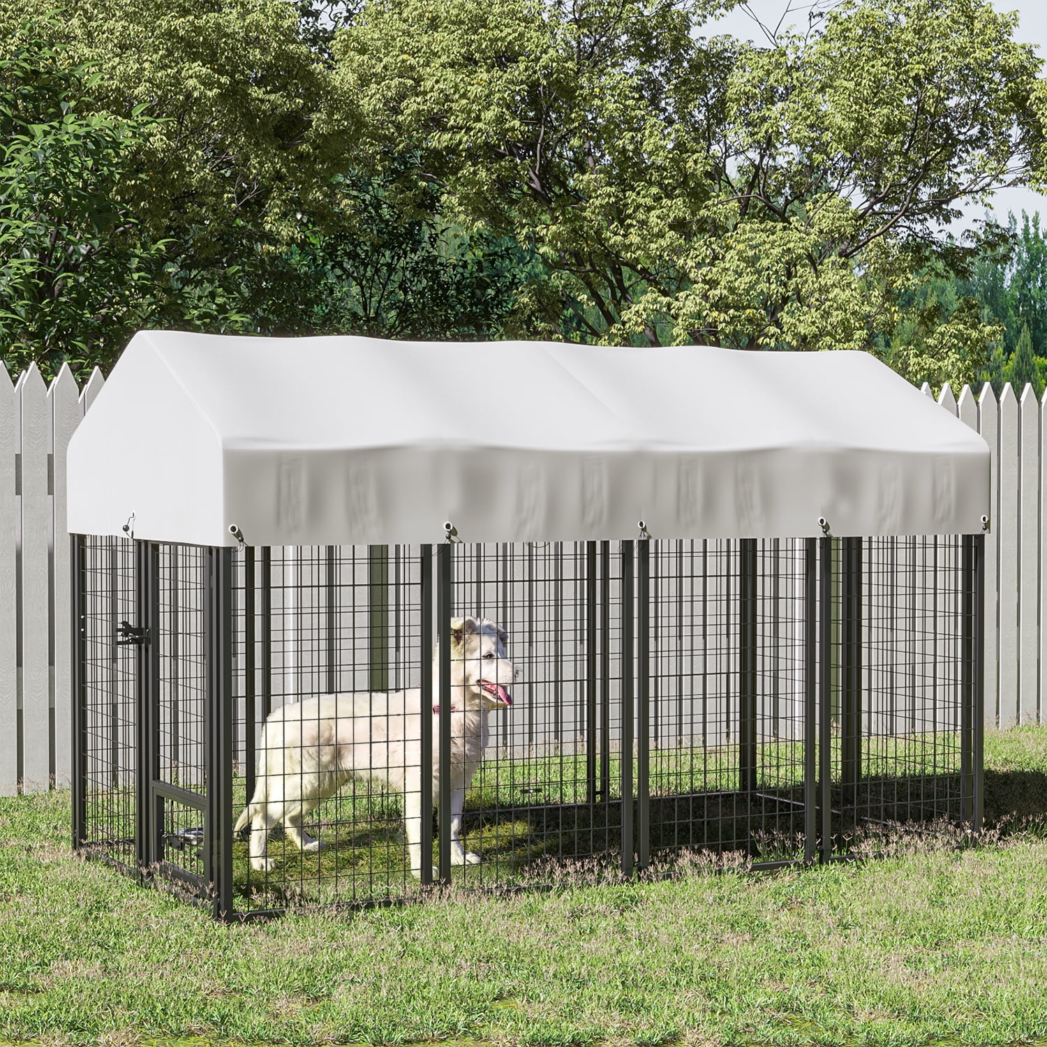 Waleaf 8x4x4 ft Outdoor Dog Kennel Cage for Large Dogs,Large Dog Kennel with Rotating Bowls for Outdoor,Pet Dog Run Enclosures for Dog Crate with Waterproof UV-Resistant Cover and Secure Lock