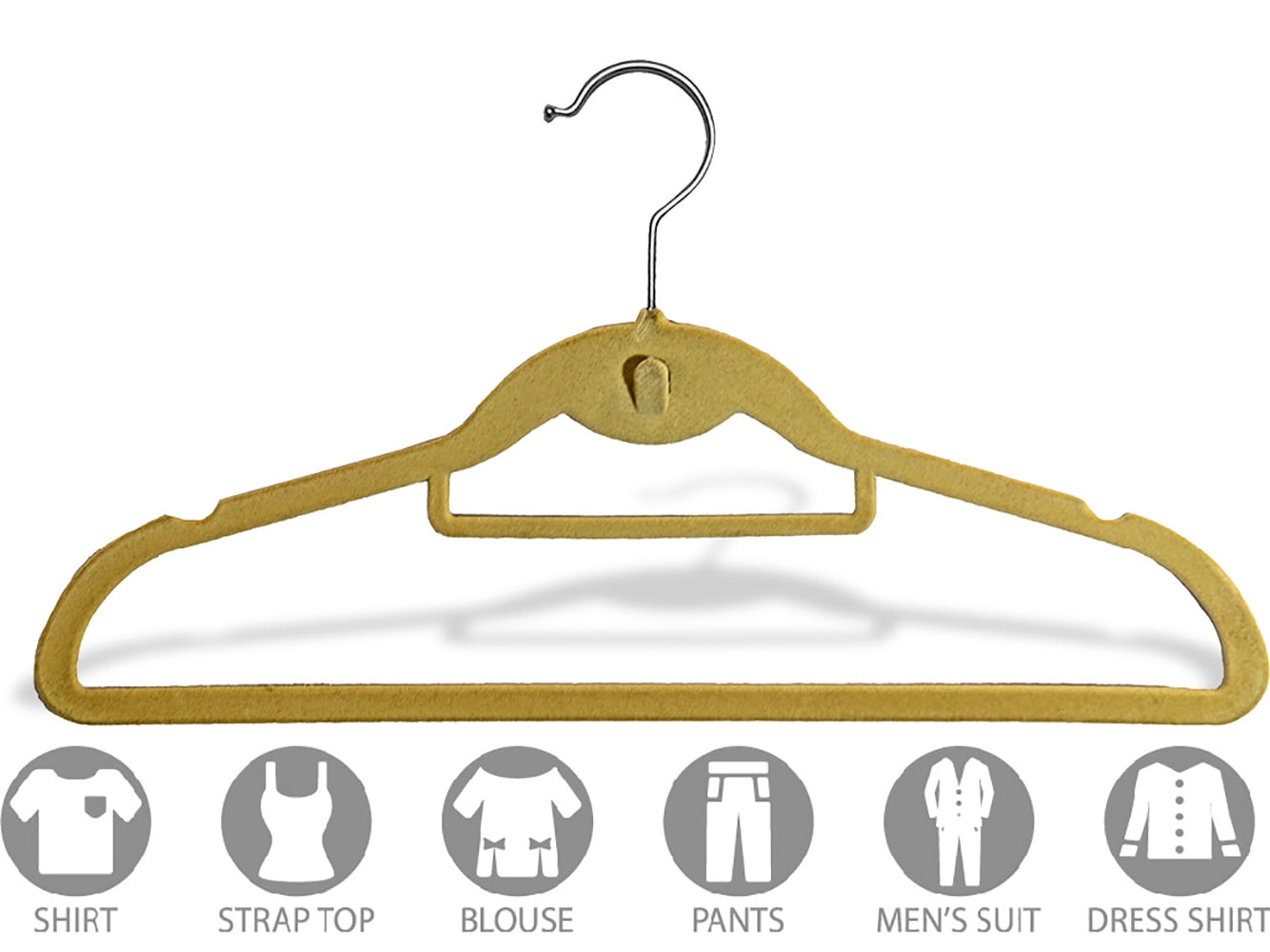 Beige Velvet Cascading Slim-Line Hanger with Notches and Tie Bar, Space Saving Stackable Suit Hangers with Chrome Hook (Set of 50) by International Hanger