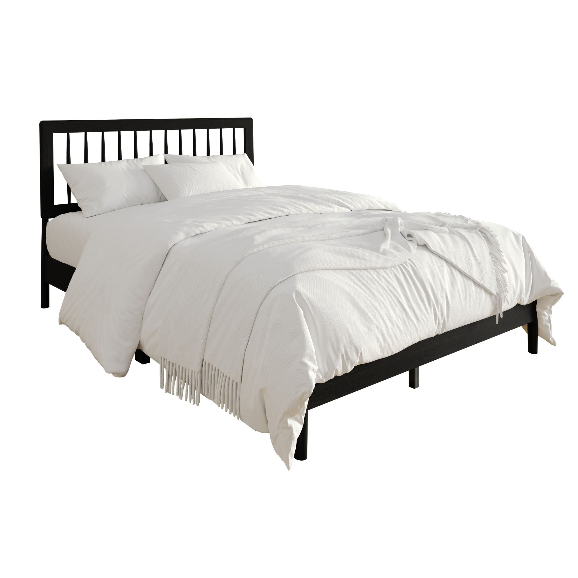 Home Design Galena Full Wood Platform Bed Frame with Vertical Spindle Headboard, Black, Easy Assembly