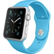 Angle View: Refurbished Apple Watch Sport 42mm Silver Aluminum Case with Blue Sport Band
