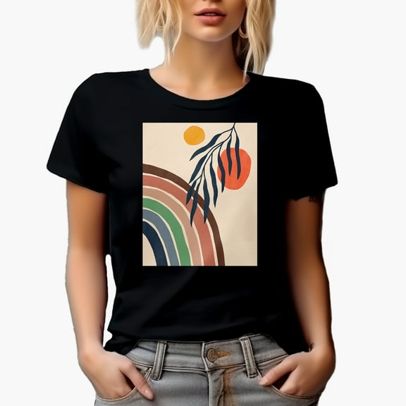 Aesthetic Minimalism Boho Rainbow & Sun Art or Design Merch Gift, Black T-Shirt, Small