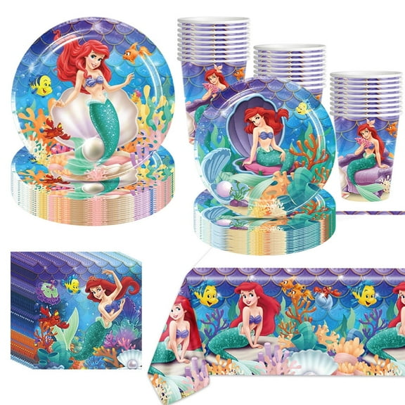 Forfamy Mermaid Party Supplies, Mermaid Plates and Napkins 81Pcs Mermaid Birthday Decorations Supplies Plates, Napkins, Cups Tablecloth for Theme Party Decorations, Serve 20