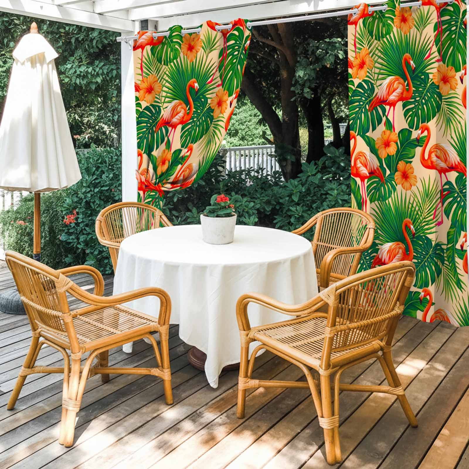 Red Flamingos Outdoor Curtains for Patio, Jungle Plants Hibiscus Flower Green Leaf Botanical Sunshade Privacy Drapes Grommet Waterproof Outside Curtains for Porch/Cabana/Balcony 54"x 108", 1 Panel