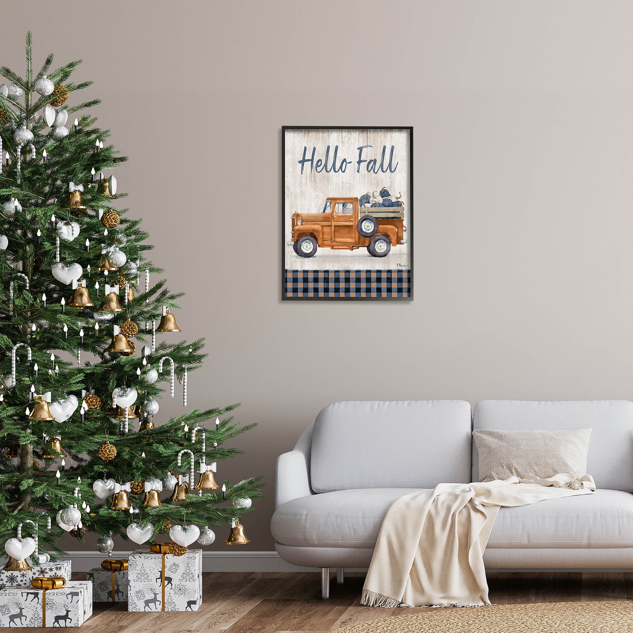 Stupell Industries Hello Fall Plaid Pumpkin Truck Graphic Art Black Framed Art Print Wall Art, Design by Paul Brent