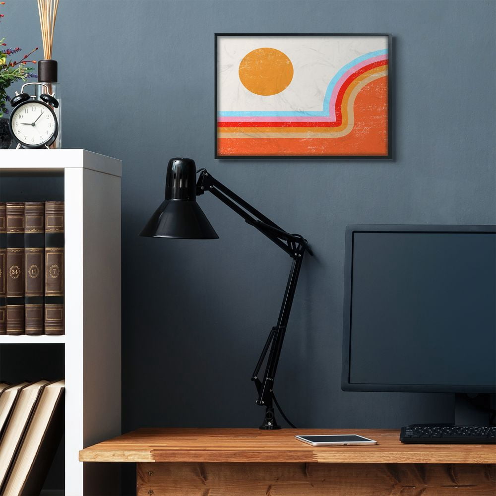 Stupell Industries Abstract Sun Over Striped Lines Blue Red Orange Framed Wall Art Design by Daphne Polselli, 16" x 20", Black Framed