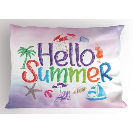 Standard Lilac Lifestyle Pillow Sham Hello Summer Motivational Quote with Cocktail Umbrella Palms Starfish Holiday Print, Decorative Standard Size Printed Pillowcase, 26 X 20 Inches, Lilac, by Ambesonne ()