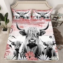 Erosebridal Highland Cow Print Fitted Sheet Twin,Red Western Farmhouse Bedding Set Rustic Home Decor,Longhorn Cattle Farm Animal Bed Sheets Grunge Daisy Flower Bed Set Cowboys
