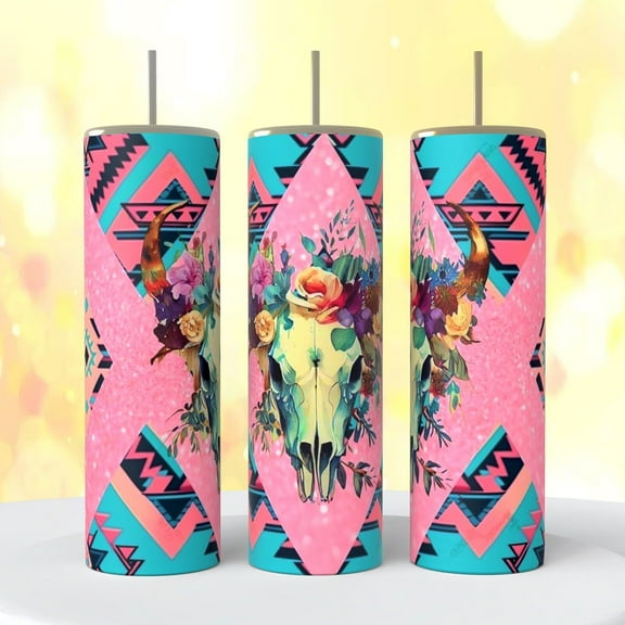 Longhorn Cow skull Aztec pink flowers 20 oz Tumbler insulated coffee cup