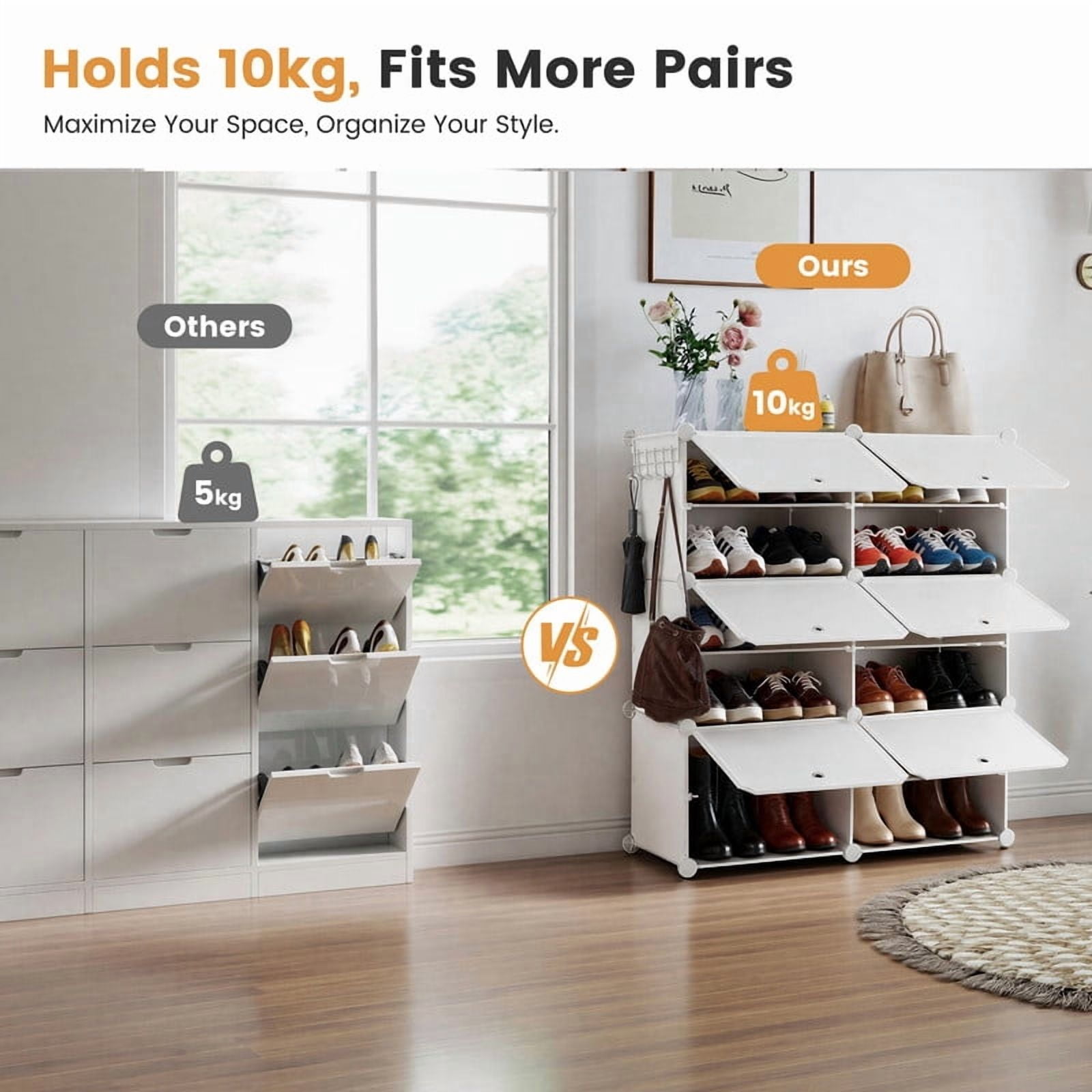 Gianna 3-Tier Shoe Rack with Side Hooks, 24-Pair Capacity Sturdy Metal Frame Storage Organizer, White&Black Plastic Panel Shelf for Entryway, Bedroom&Dressing Room，White