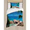 thumbnail image 3 of Turquoise Duvet Cover Set Queen Size, Idyllic Rocky Coast Island with Palm Leaves in Paradise Clouds Relax Calm Photo, Decorative 3 Piece Bedding Set with 2 Pillow Shams, Turquoise, by Ambesonne, 3 of 3
