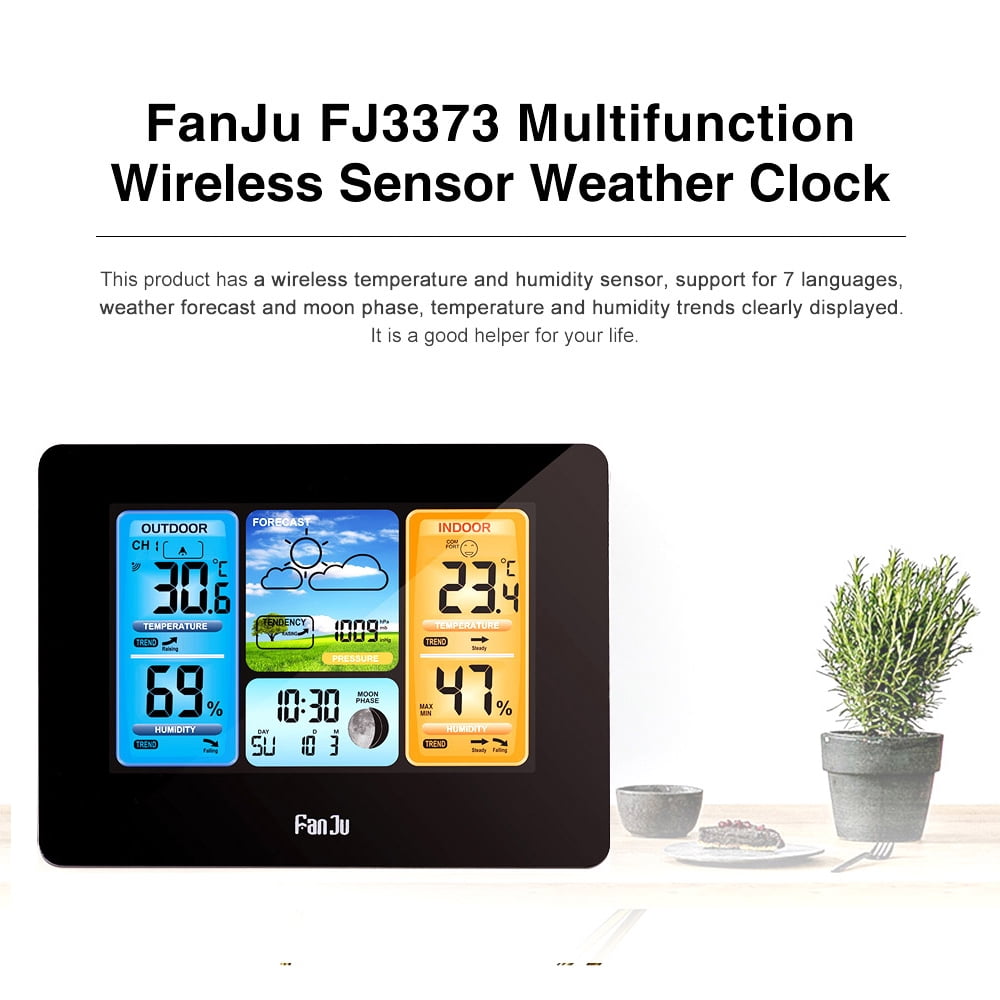 FanJu FJ3373 Multifunction Digital Weather Station LCD Indoor Weather Forecast Barometer Hygrometer with Wireless Sensor USBCord