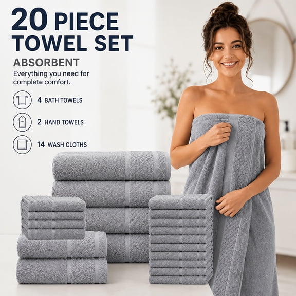 20pcs Cotton Bathroom Towels Set, Solid Color Cotton Blended Towel, 4 Bath Towels 2 Hand Towels 14 Washcloths, Multi-Color Optional, Soft And Comfortable, Absorbent, Family Set, Suitable for Travel