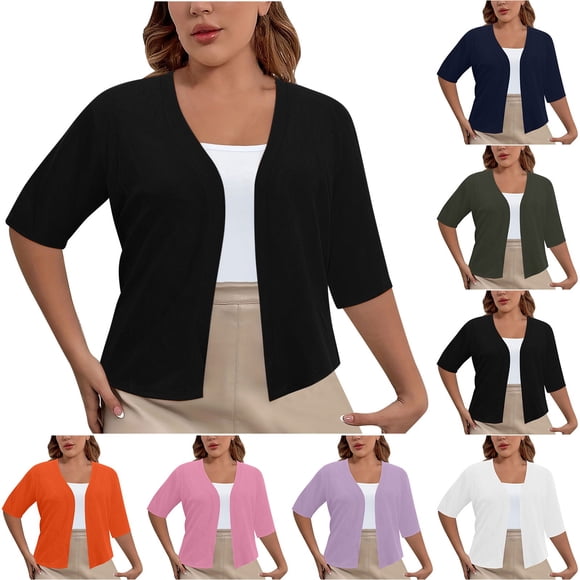 Fall Savings!Shrugs For Women Cropped,Womens Summer Cardigan Shrug,2024 Women Lightweight Open Front Cardigan Shrugs Short Sleeve Sweater Outwear Women's Casual Fashion Loose Solid Color Cardigan