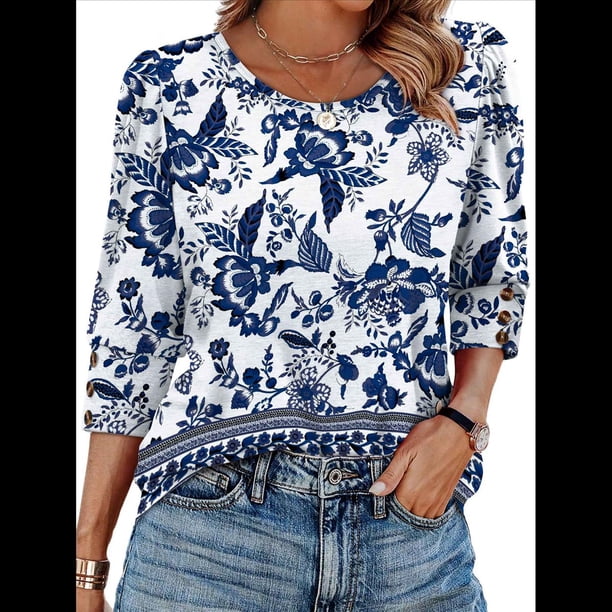 Blusas Elegantes e Informales con Mangas 3/4 y Botones para Mujer, Ideales para Vacaciones de Verano en la Playa. Azul M