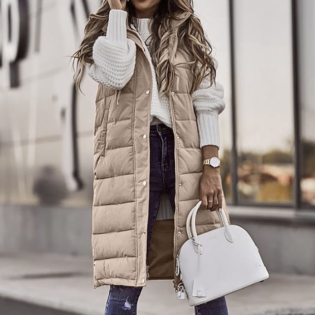 Meichang Chaleco largo de plumón para mujer, chaqueta con capucha sin mangas, talla grande, abrigos cálidos y delgados con cremallera, chaleco acolchado para exteriores,Khaki,XXL