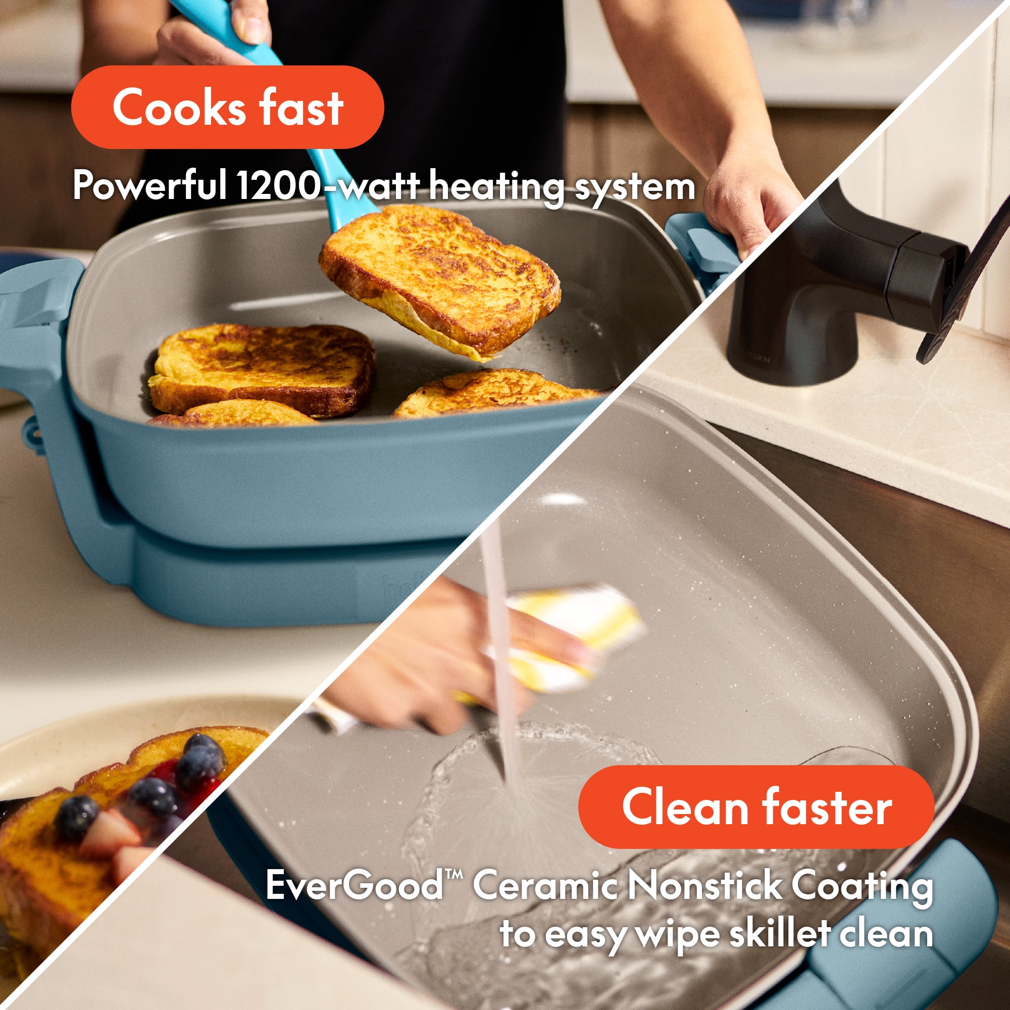 bella 12" Make & Take Electric Skillet with EverGood™ Ceramic Nonstick Coating, Adjustable Temperature, Dishwasher-Safe Glass Lid, Surf