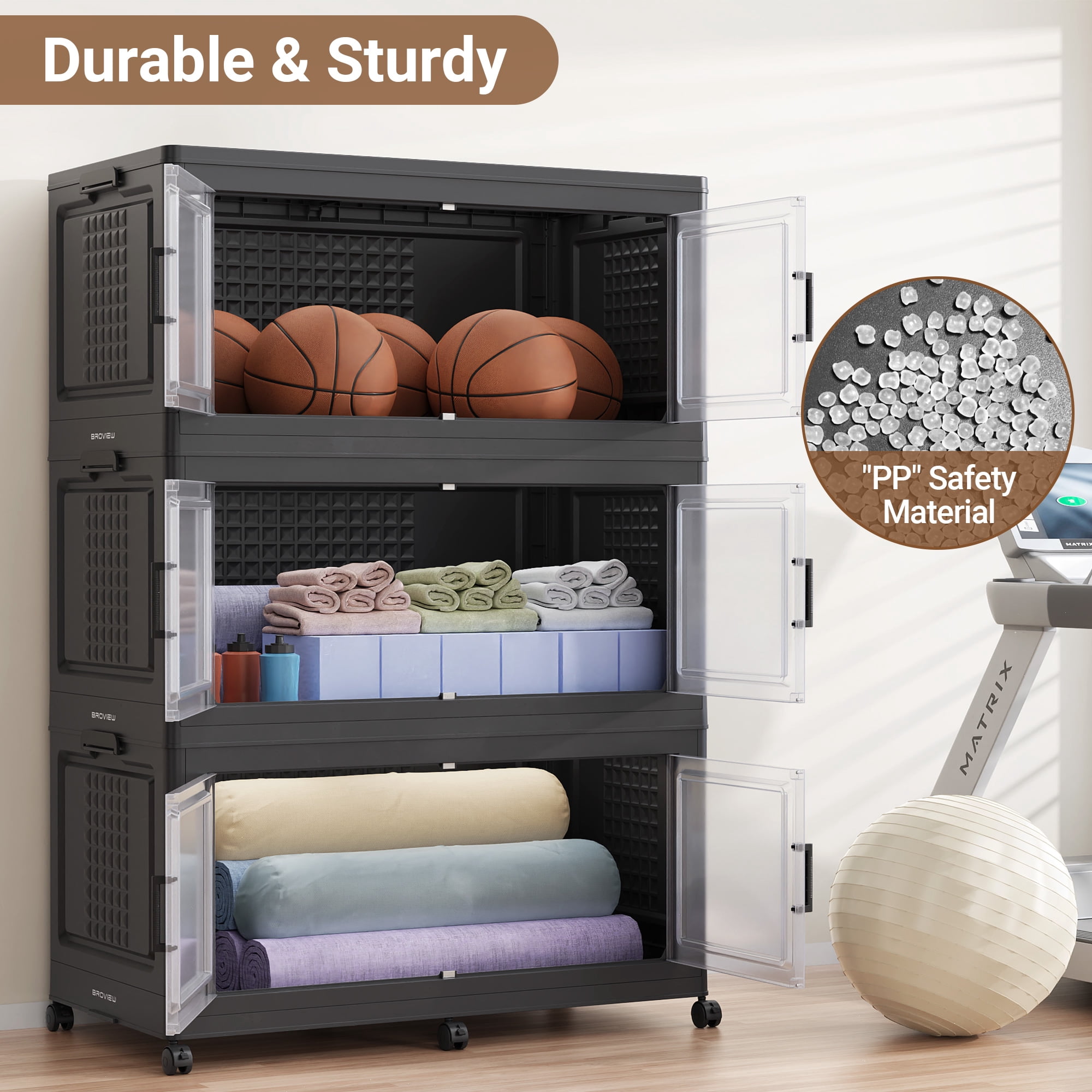 Broview 600QT Stackable Storage Bins with Lid, Wheels & Dividers, Extra Large Collapsible Plastic Closet Organizers Storage Cabinet Box,3Pack Black