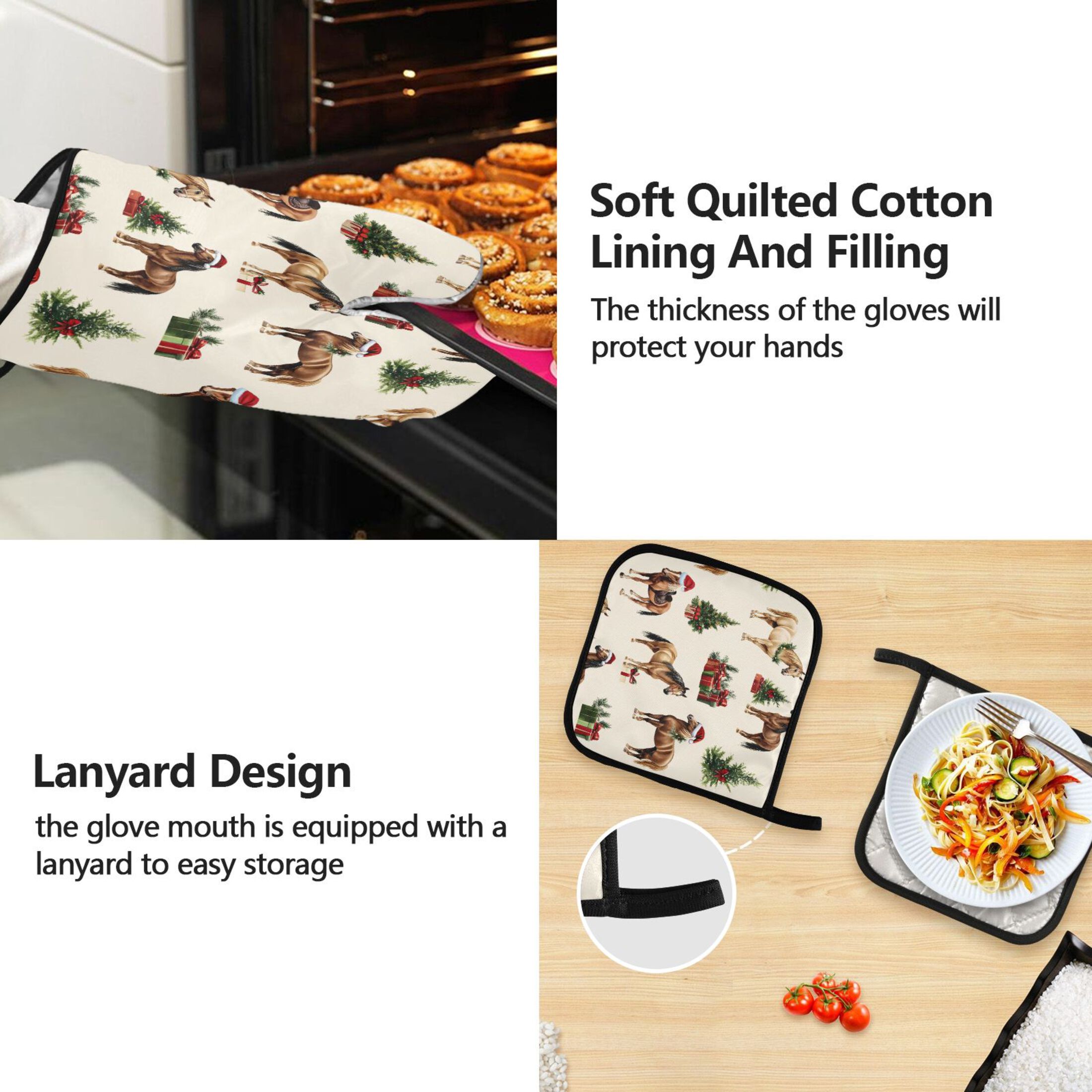 Ryvnso Christmas Horse Kitchen Apron Oven Mitts Set Pot Holders
