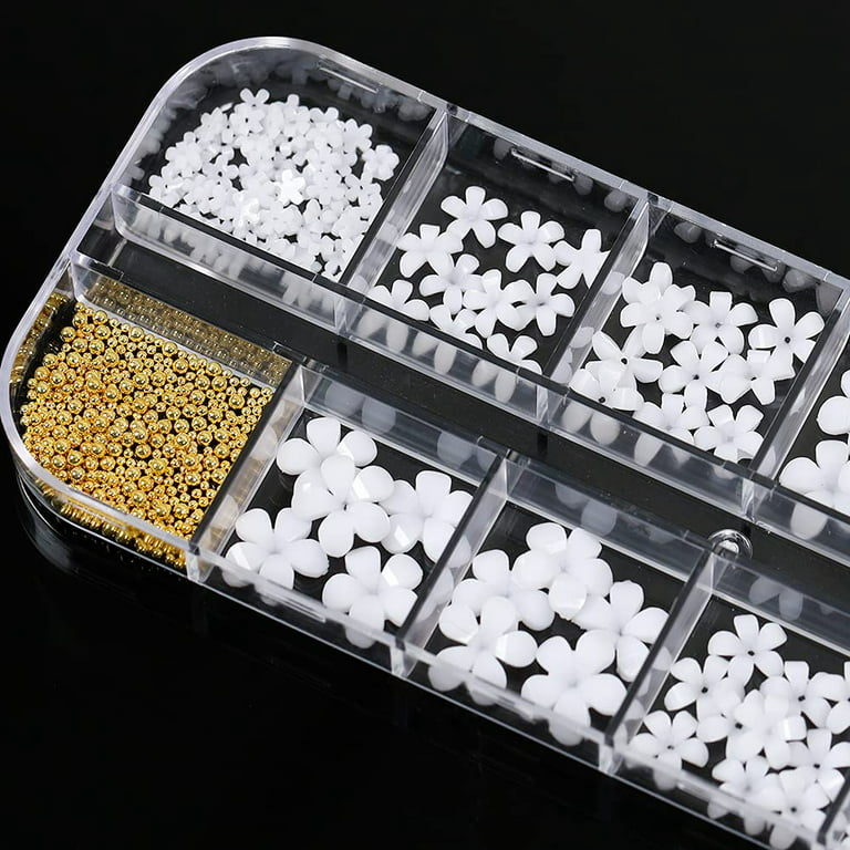 3D White Flower Nail Charm Set, Glitter Pearl Nail Art Metallic