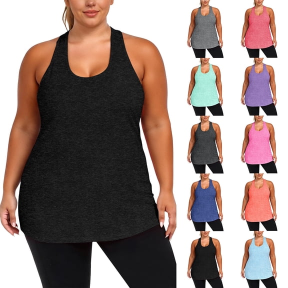 Lkhaha Women Plus Size Racerback Tank Tops Solid Casual Sleeveless Tees Workout Blouse Black XXL