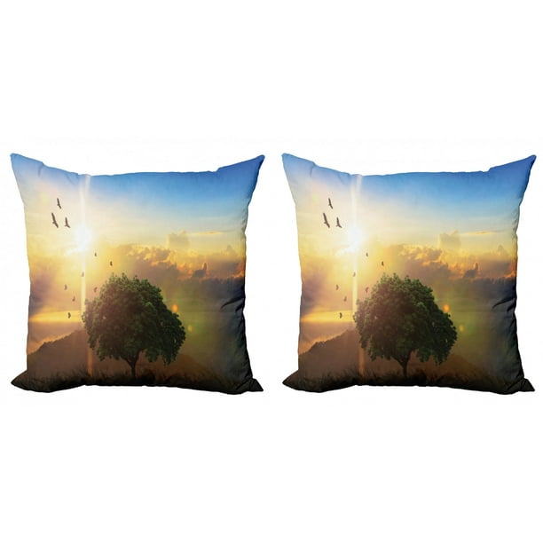 Summer Throw Pillow Cushion Cover Pack Of 2 Realistic Illustration Of Romantic Sunset Among The Hills A Lonely Tree On A Hill Zippered Double Side Digital Print 4 Sizes Multicolor By Ambesonne