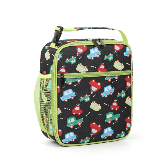 PoppiKids, Bento Lunch Box Bag Insulated, Leakproof, Easy Clean, Pockets, Bottle Holder, Carry Handle, Cars