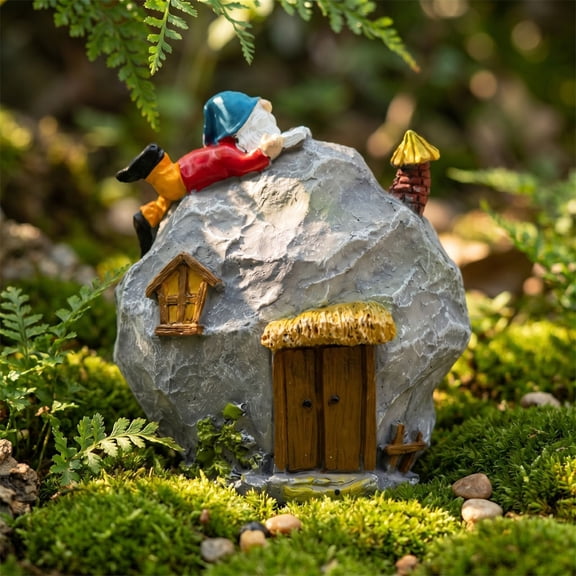 YingYouFu Cute Gnome and House Resin Figurine Desk Ornament, Whimsical Garden Dwarf Statue for Shelf S Decor, Fairy Village House Accent for Indoor Outdoor Yard Patio Tabletop Display