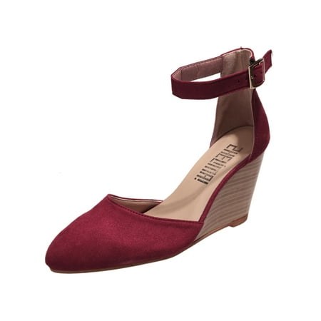 

Crocowalk Ladies Sandals Ankle Strap Mary Jane Heels Wedges Wedge Pumps Shoes Womens Dress Shoe Work Fashion Comfort Wine Red 5.5