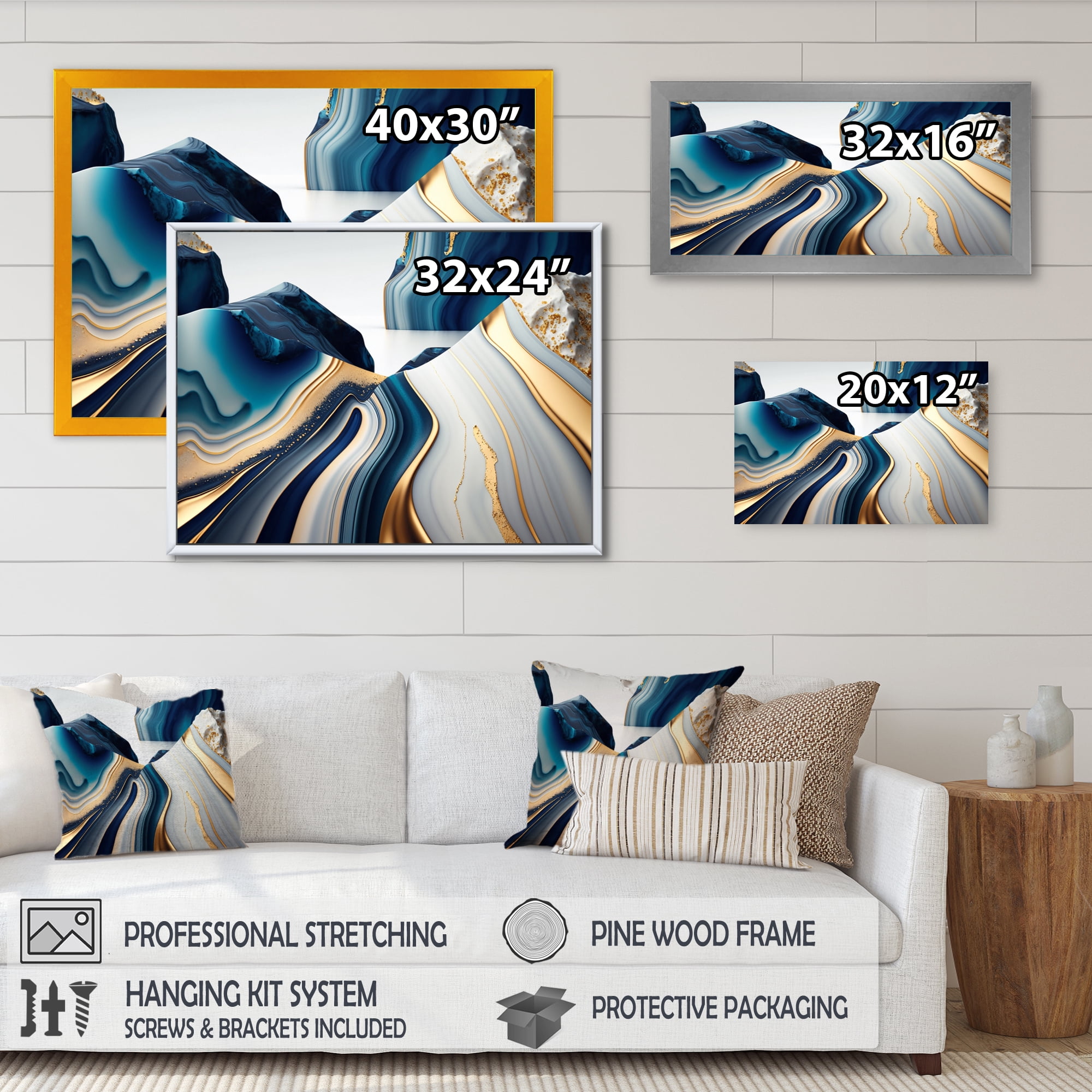 Designart Abstract Geode Waves Blue And Gold I Canvas Wall Art