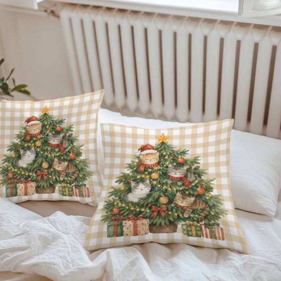Waterproof Throw Pillow Covers 16x16 Set of 2, Christmas Tree Xmas Cats Outdoor Pillowcases with Invisible Zipper, Winter Light Brown Checkered Decorative Cushion Covers for Patio Garden Sofa Couch