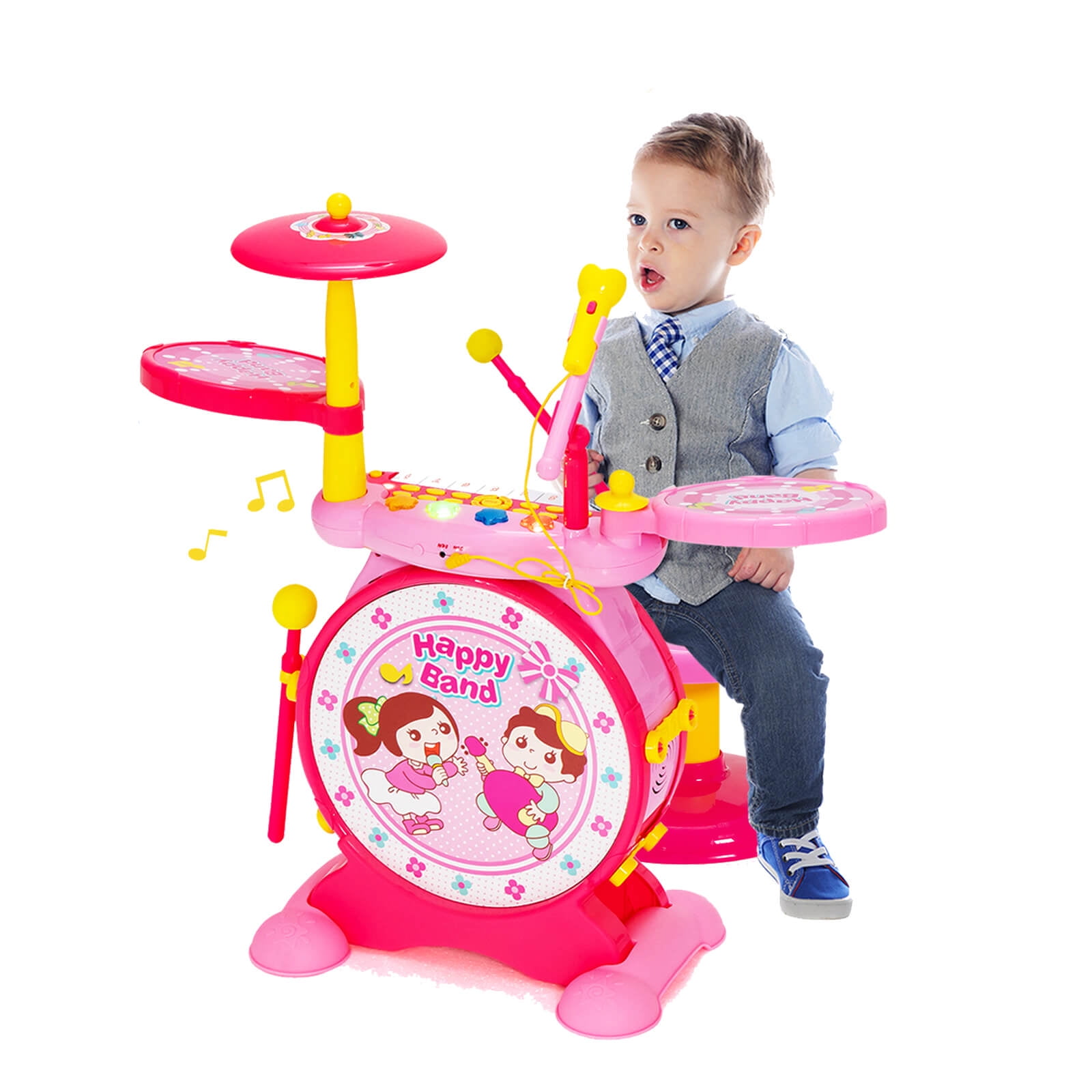 Coelon Kids Electronic Drum & Keyboard Set, 2in1 Roll Jazz Drum Kit with Stool Pink