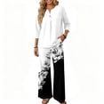 thumbnail image 4 of Womens 2 Piece Outfits Summer Three Quarter Sleeve Button Vneck Tops Long Pants Matching Sets Airport Beach Vacation Clothes, 4 of 6