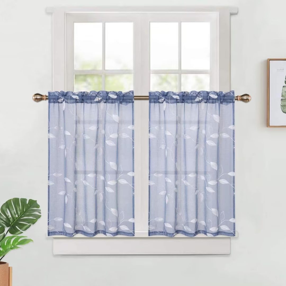 Shininglove Dusty Blue Cafe Curtains 36 inches Length, Leaf Embroidery