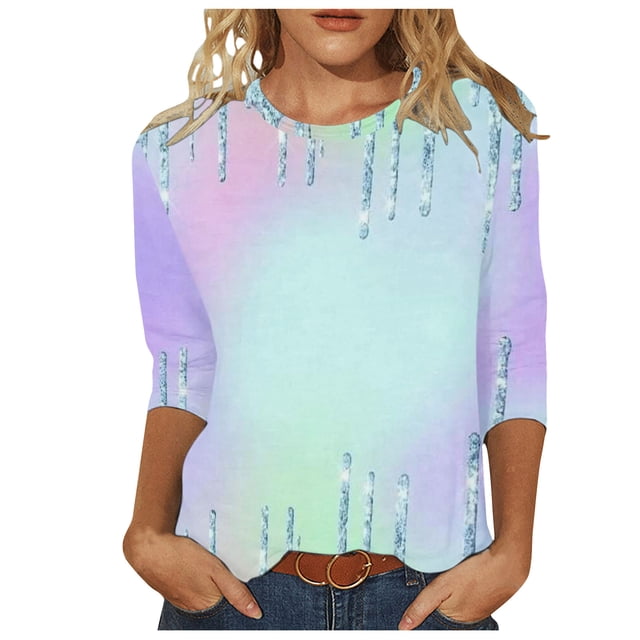 Yuyuzo Hauts pour Femmes Manches 3/4 Chemises Col Rond Blouses Décontractées Imprimé Graphique T-Shirts Tees