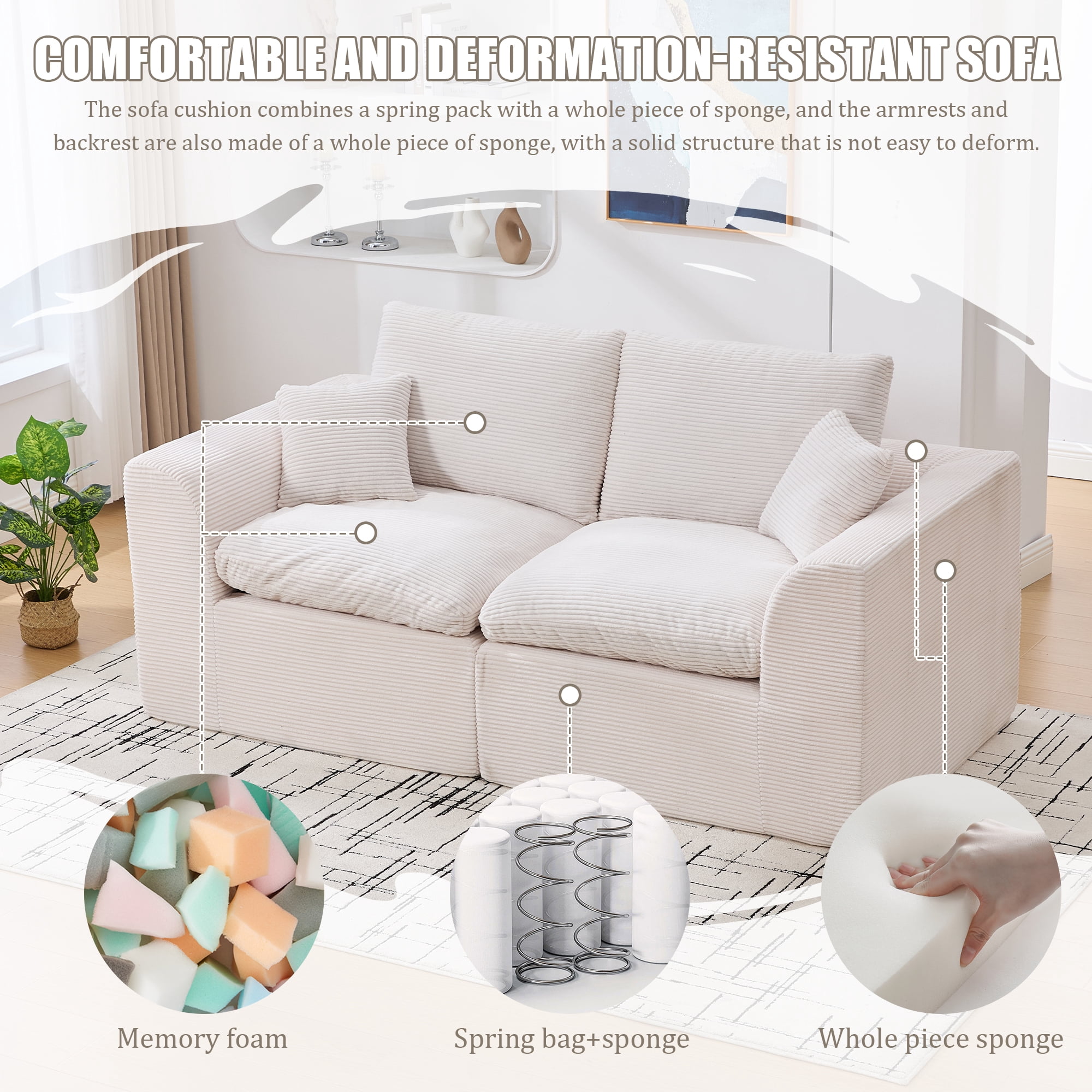 MOONMISS 80.3" Oversized Modular Sofa, Upholstered Corduroy 2 Seat Deep Seat Cloud Couch for Living Room Bedroom, No Assembly Required,Beige