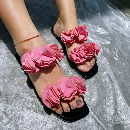 

Fashion Square Head Sandals Flowers Flat Slippers Ladies Wear Shoes Outside