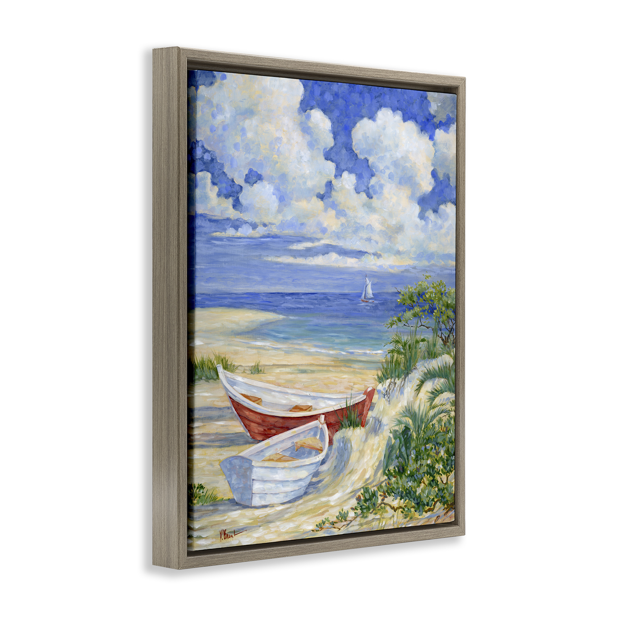 Stupell Industries Two Boats on Sand Transportation Painting Brown Floater Framed Canvas Art Print Wall Art, 25 x 31