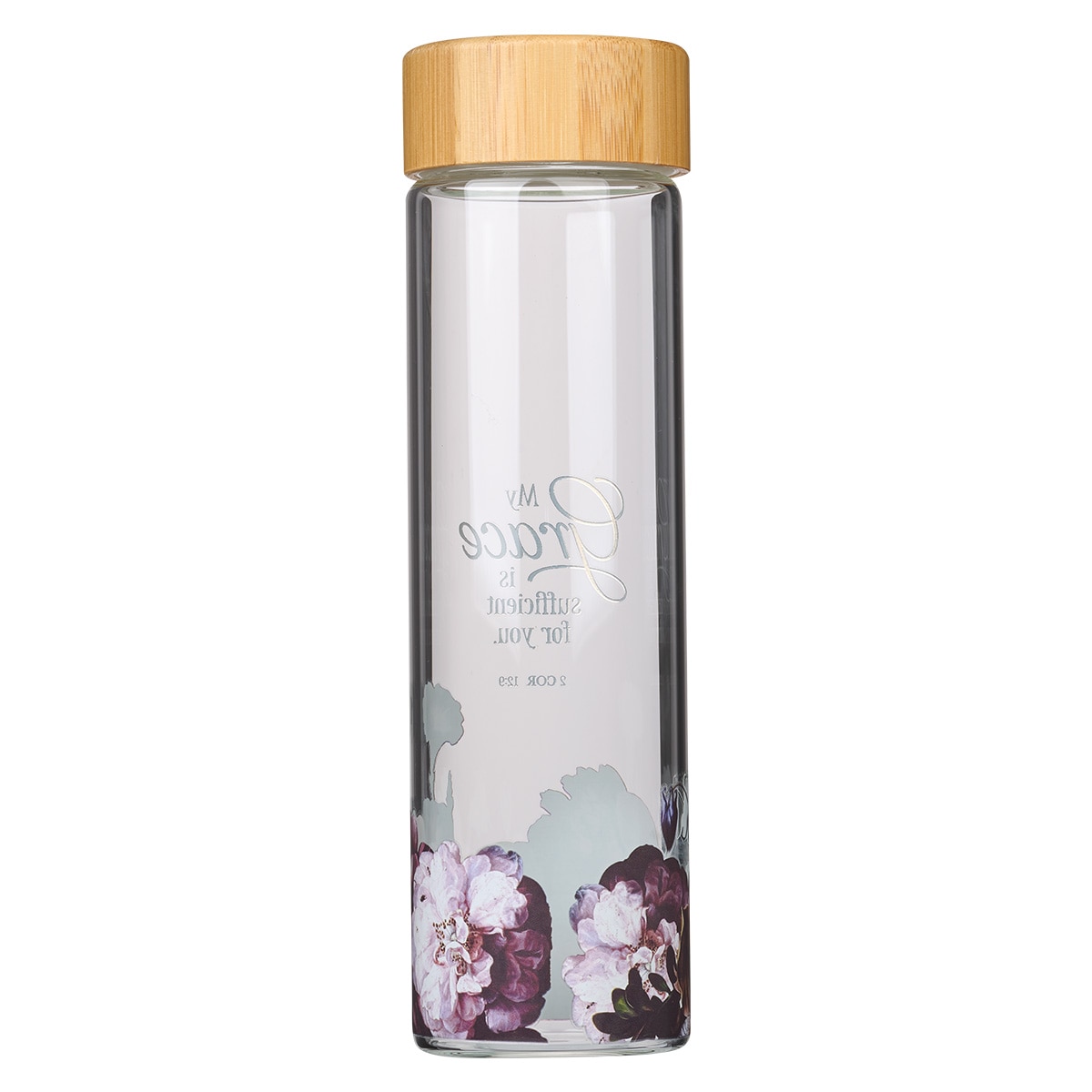 Christian Art Gifts Glass Water Bottle: My Grace is Sufficient for You - 2 Corinthians 12:9 with Insulating Sleeve and Bamboo Lid, 17 oz.