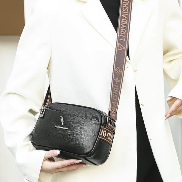 Bolsos Cruzados Bolso bandolera de piel auténtica con correa ancha para mujer, bolso de hombro para el trabajo (negro)