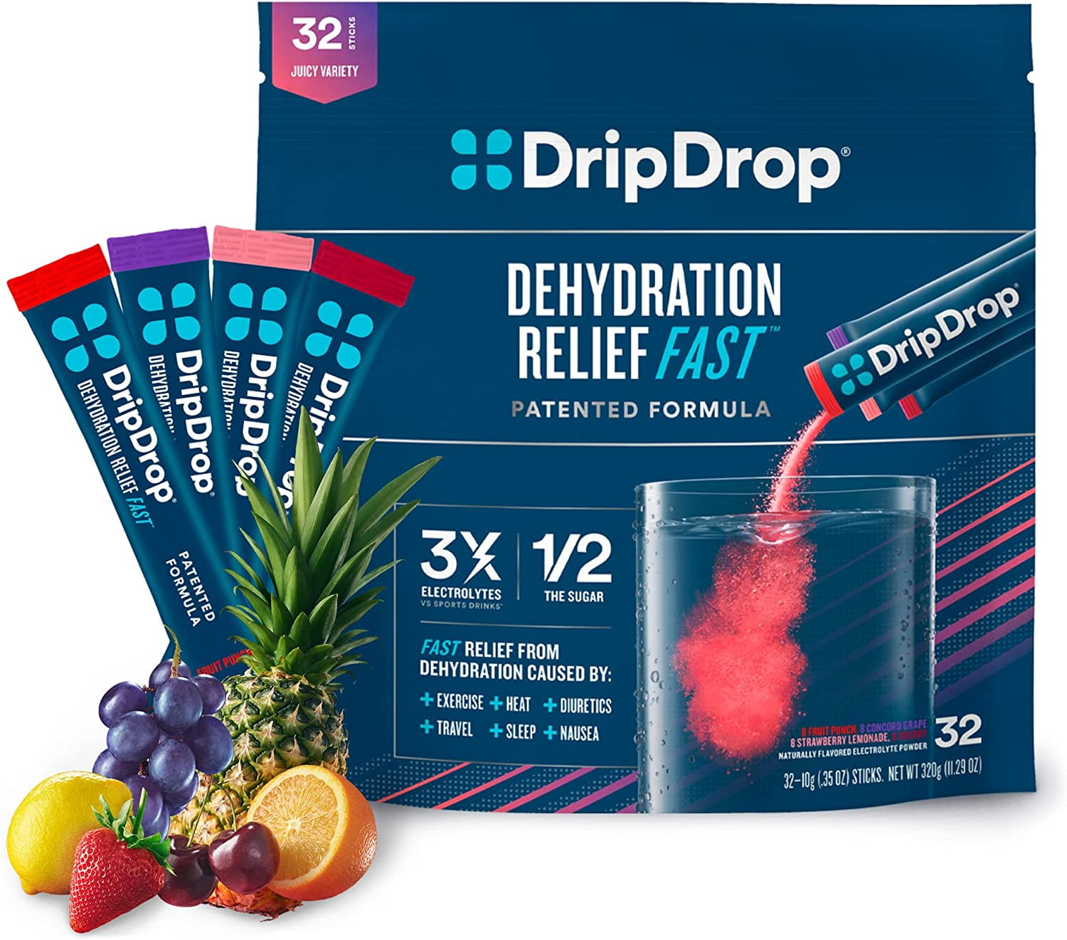 DripDrop Hydration - Electrolyte Powder Packets - Grape, Fruit Punch