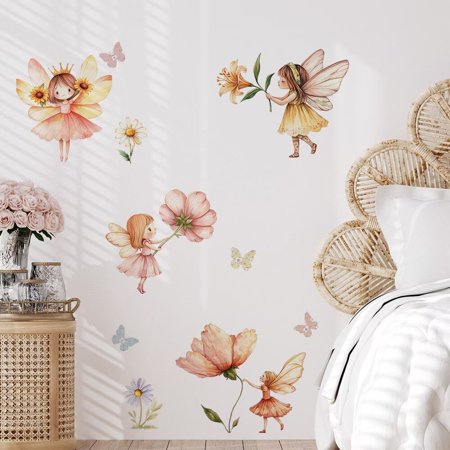 Flower Fairy Wall Sticker, Watercolor Butterfly Floral Wall Decal for Girls Nursery, Removable Peel Stick Fairy Tale Wall Mural