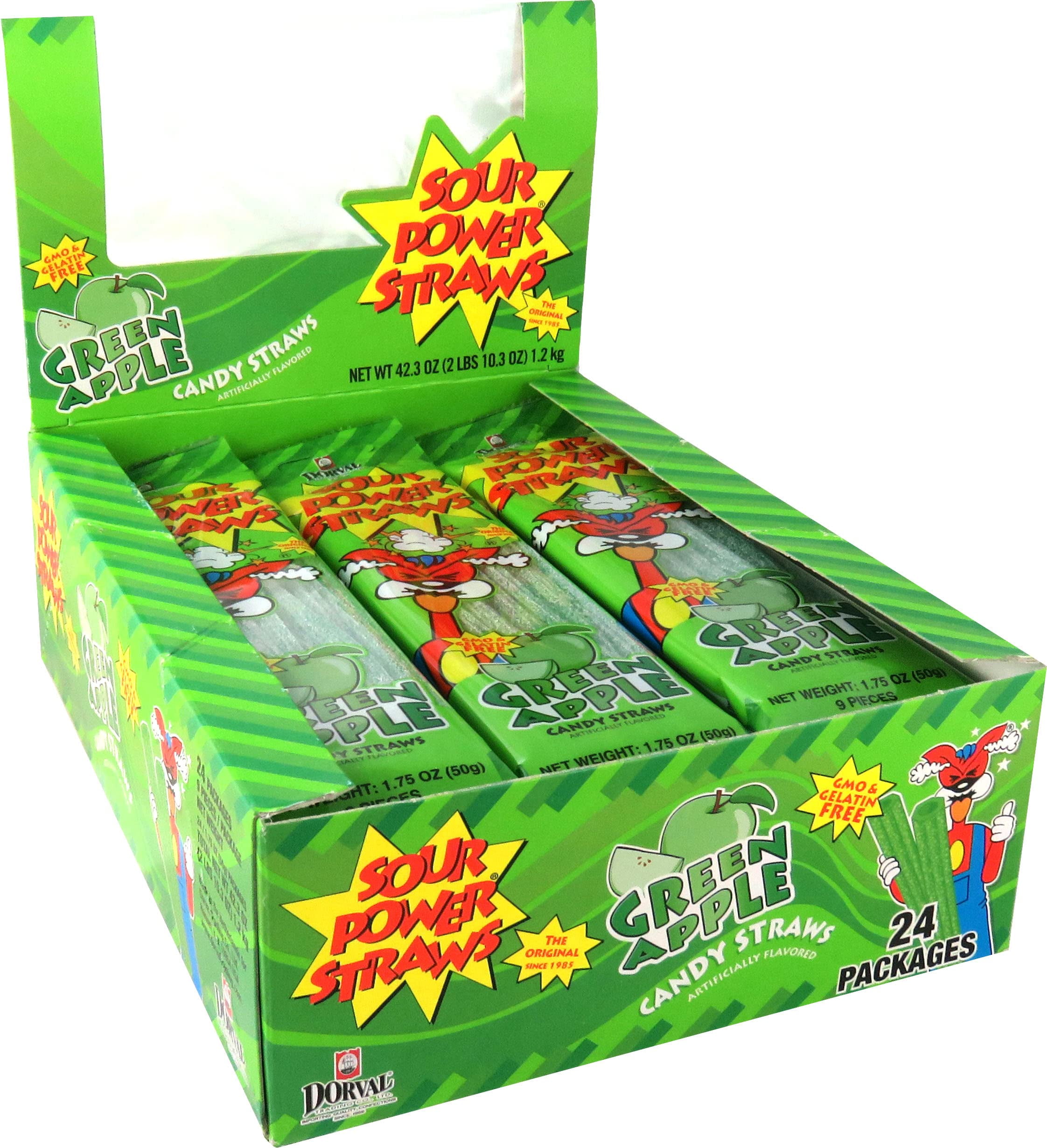 Sour Power, Candy Straws 1.75 (Pack Of 24), Green Apple, 42 Ounce