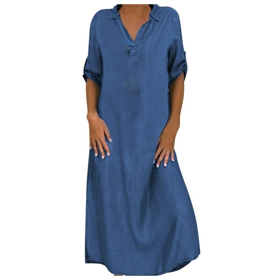 MIUOWANP Casual Dresses for Women Fall Women's Casual V-neck Solid Color Long-sleeve Shirt Long Dress