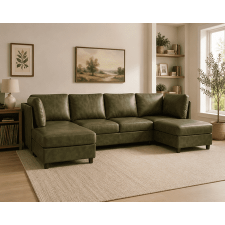 Faux Leather Modular Sectional – 6-Seat U-Shaped or L-Shaped Configurable Sofa, Olive Green, Removable Back & Seat Cushions, Easy Assembly, Durable Upholstery for Living Room, Home Theater