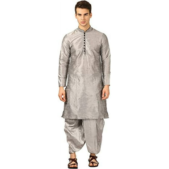 Royal Kurta Men's Silk Blend Dhoti Kurta Set (40, Silver)