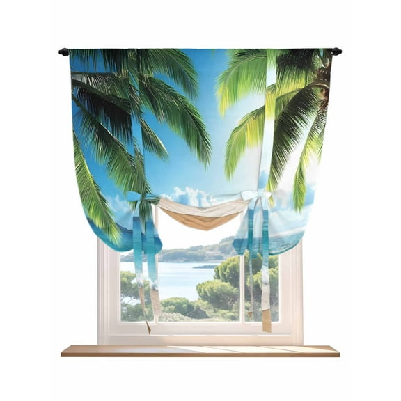 Beach Ocean Tie Up Curtains for Windows 45 Inch Length Balloon Curtains Kitchen Adjustable Balloon Window Shade Summer Blue Sky Botanical Tree Leaves Tie Up Valance Bathroom Curtain Window 42"x45"