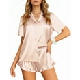 thumbnail image 3 of UVN Pajamas Sets for Women Short Sleeve Button Down Tops and Ruffle Shorts 2 Piece Outfit Satin Silk Pjs Sleepwear Loungewear, 3 of 8